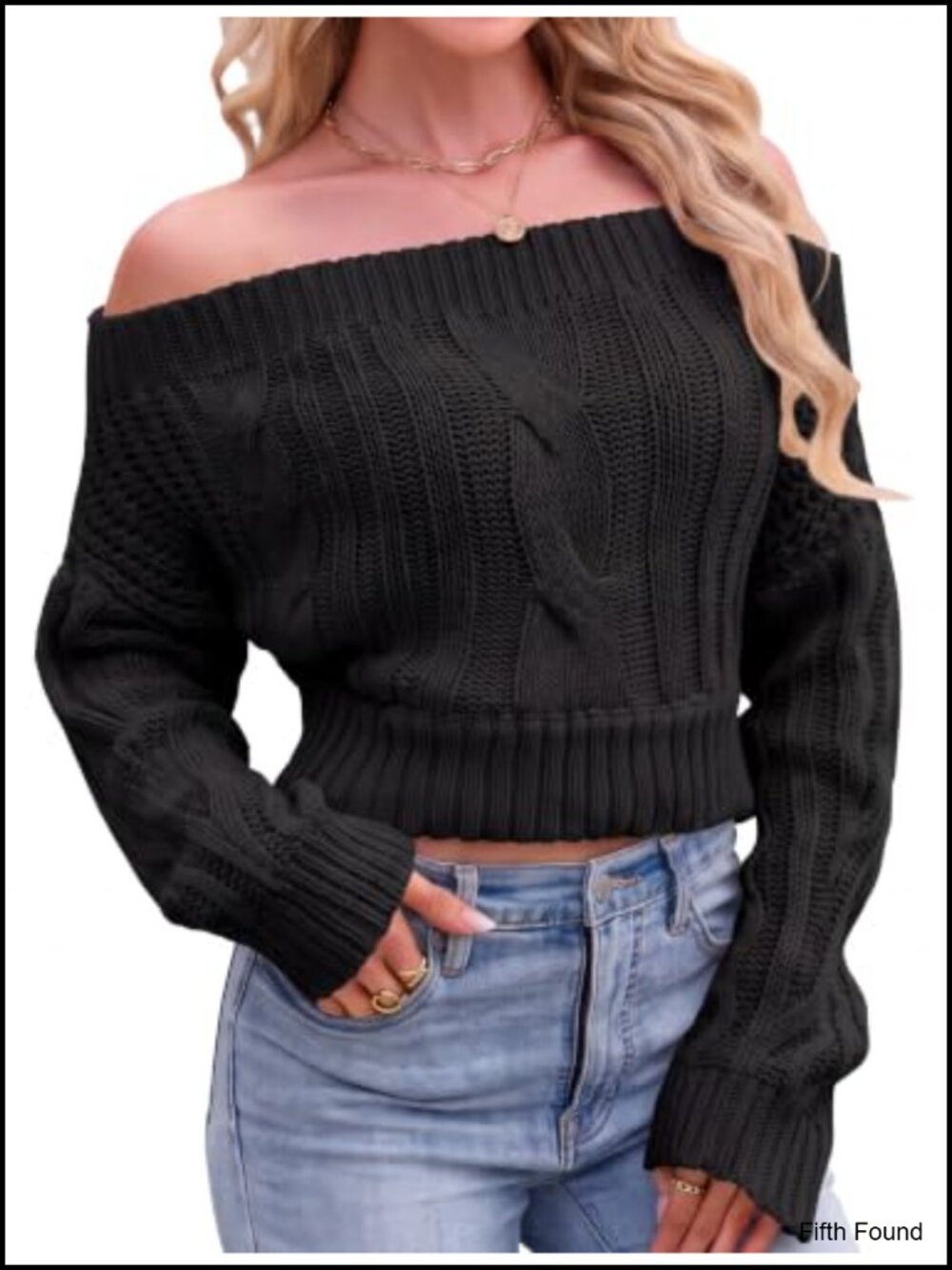 Off Shoulder Cropped Cable Knit Sweater 100% Acrylic Long Sleeve